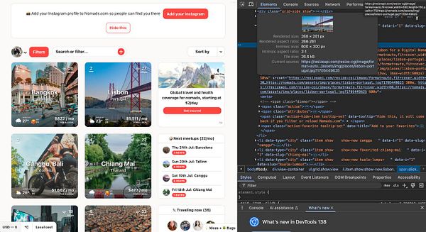 The image displays a web interface for a travel platform featuring various destinations and a developer tools panel.
