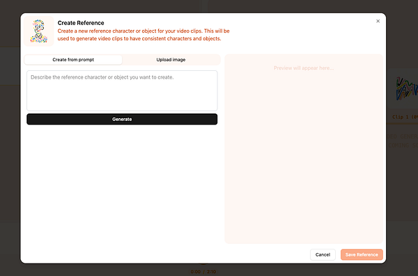 The image displays a user interface for creating a reference character or object for video clips.