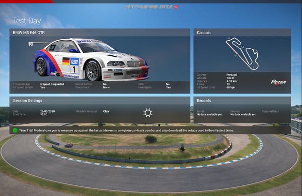 A racing video game screenshot featuring a blue BMW M3 E46 GTR driving on a coastal road in Cascais.