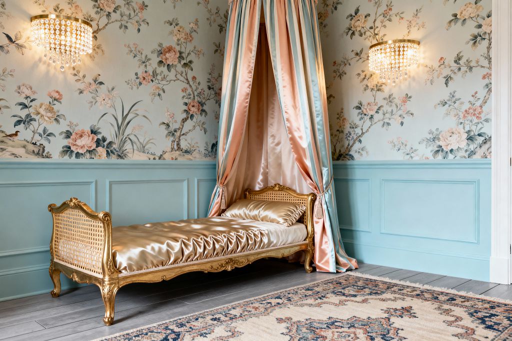 A children’s room in vintage glam style features a gilded French daybed with cane panels and champagne satin bedding beneath a blush and pale aqua striped canopy with tassel tiebacks. Walls combine powder-blue paneled wainscoting and chinoiserie floral wallpaper. Two crystal wall sconces cast a warm glow. Gray wood floors and a cream, blue, and terracotta patterned rug anchor a soft palette of blue, peach, and gold.