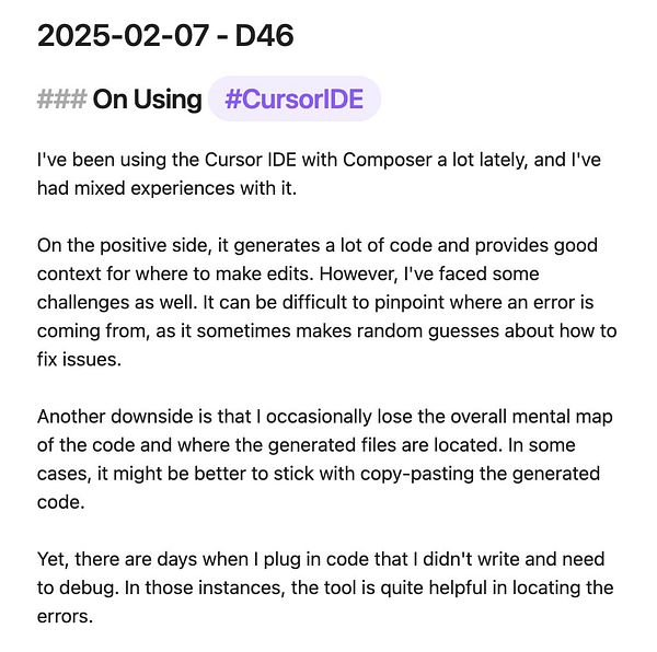 A text document discussing experiences with the Cursor IDE and Composer.
