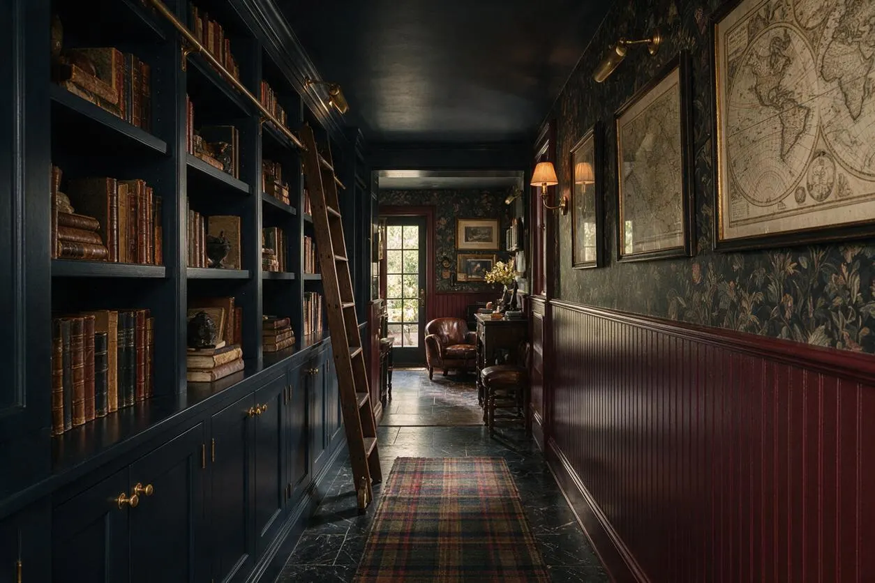 A moody mudroom styled in Dark Academia fashion features built-in navy shelving filled with old books and decorative objects, a wooden ladder, and a plaid runner on a dark stone floor. The right wall has deep green patterned wallpaper above burgundy beadboard, with framed maps and warm brass sconces leading to a small sitting area at the far end.