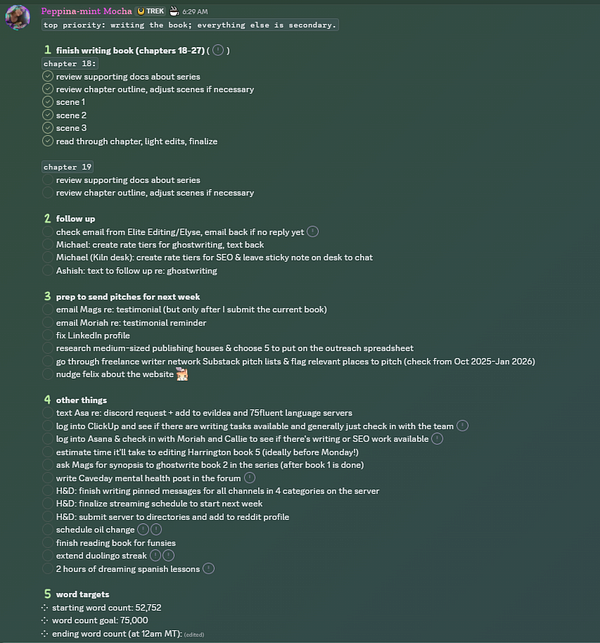 A handwritten to-do list on lined paper with various tasks and checkboxes.