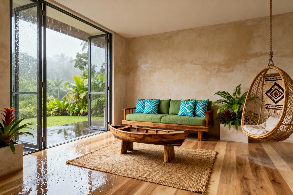 An airy living room opens through tall black-framed glass doors to a rain-soaked tropical garden. Inside, a wooden sofa with leaf-green cushions and turquoise patterned pillows sits against sand-beige plaster walls. A carved wooden canoe coffee table rests on a jute rug over glossy hardwood floors with rainwater droplets. A rattan hanging chair hangs by rope near potted ferns and a bromeliad, completing the indoor–outdoor setting.