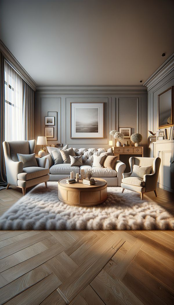 A cozy living room featuring an overstuffed sofa and armchair, with a coffee table in front and a soft rug underneath, creating a warm and inviting space.