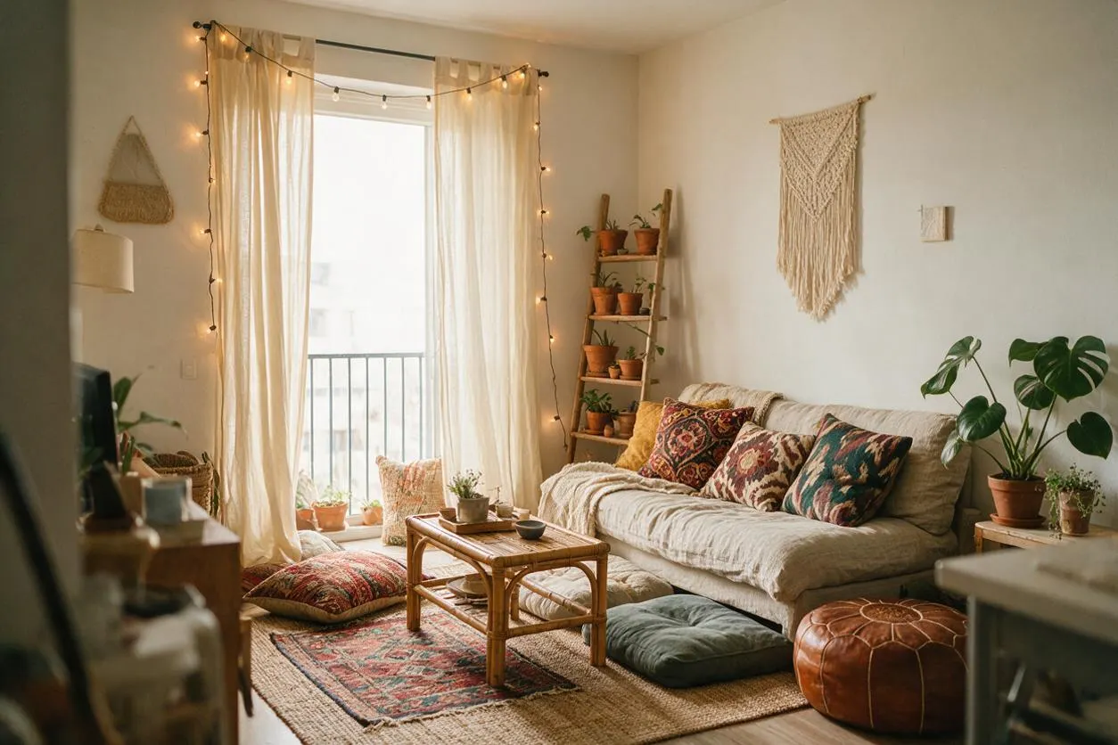 A bright studio apartment living area styled in bohemian decor, with a light neutral sofa covered in patterned throw pillows, a woven rug, and layered floor cushions around a low bamboo coffee table. Sheer curtains frame a sunlit window with string lights, while macramé wall hangings, potted plants, and terracotta planters add a relaxed, lived-in feel.