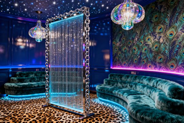 A maximalist media room features tiered, curved banquettes upholstered in teal faux fur with cyan underlighting against glossy cobalt blue paneled walls and a peacock-feather accent wall bathed in magenta LEDs. A chrome chain–framed beaded screen divides the space beneath a starry ceiling of pin lights, while two iridescent glass pendants hang overhead and a leopard-print carpet covers the floor.
