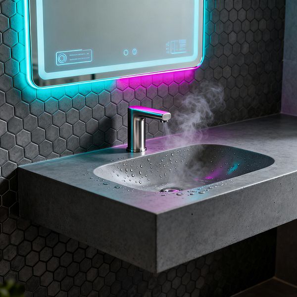 Close-up of a futuristic bathroom vanity featuring a thick, rectangular concrete countertop with an integrated basin and water droplets. A minimalist touchless faucet in brushed stainless steel sits above the sink, while steam rises and cyan-magenta LED edge lighting from a frameless smart mirror washes the charcoal hexagon tile backsplash and reflects in the bowl, creating a cool, high-tech ambiance.