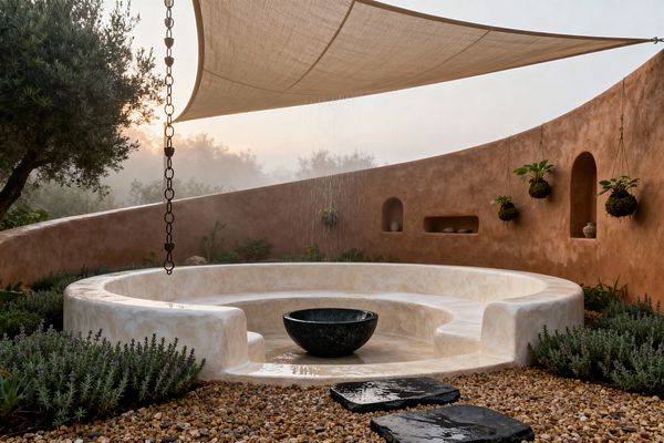 A circular, sunken patio of smooth off-white plaster surrounds a black stone bowl as a rain chain releases a gentle shower into the center. A curved terracotta stucco wall with arched niches and hanging moss planters encloses Mediterranean shrubs and gravel. A beige canvas shade sail stretches overhead, and dark slate stepping stones sit on tan pebbles. Soft morning light and mist create a calm, nature-focused atmosphere.