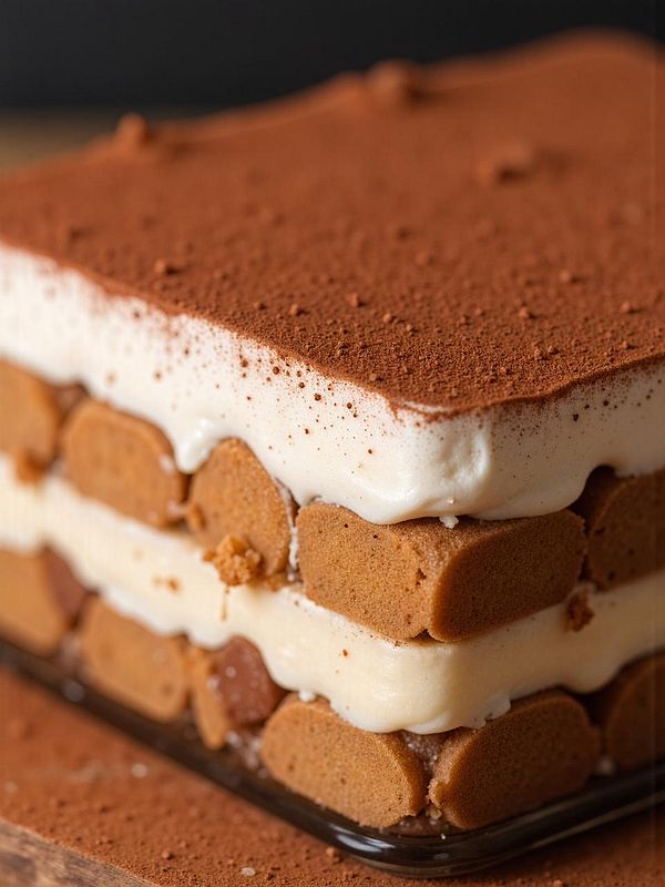 A close-up of a layered dessert featuring a creamy topping and biscuit layers.