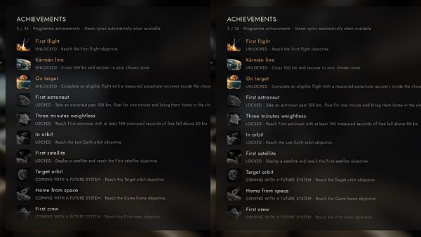 A Steam achievements list for a space flight-themed program showing unlocked, locked, and future system achievements.
