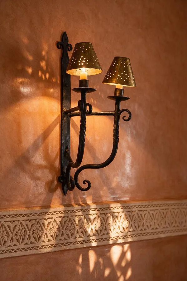 A Moroccan-style wall sconce with two candle-shaped bulbs, black wrought iron scrollwork, and small perforated metal shades. It is mounted on a warm terracotta wall above a carved decorative border that casts soft patterned shadows.
