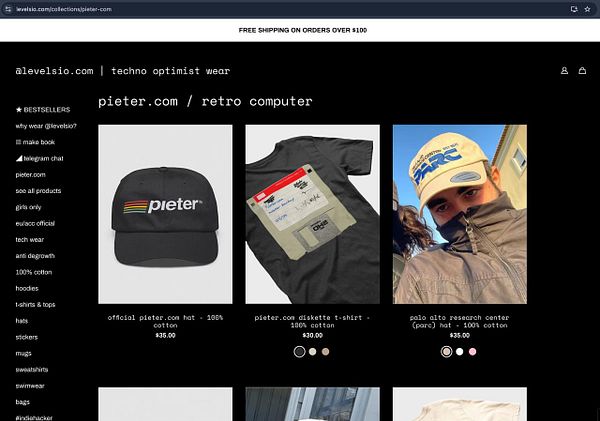 The image displays a webpage showcasing merchandise from pieter.com, featuring various apparel items.