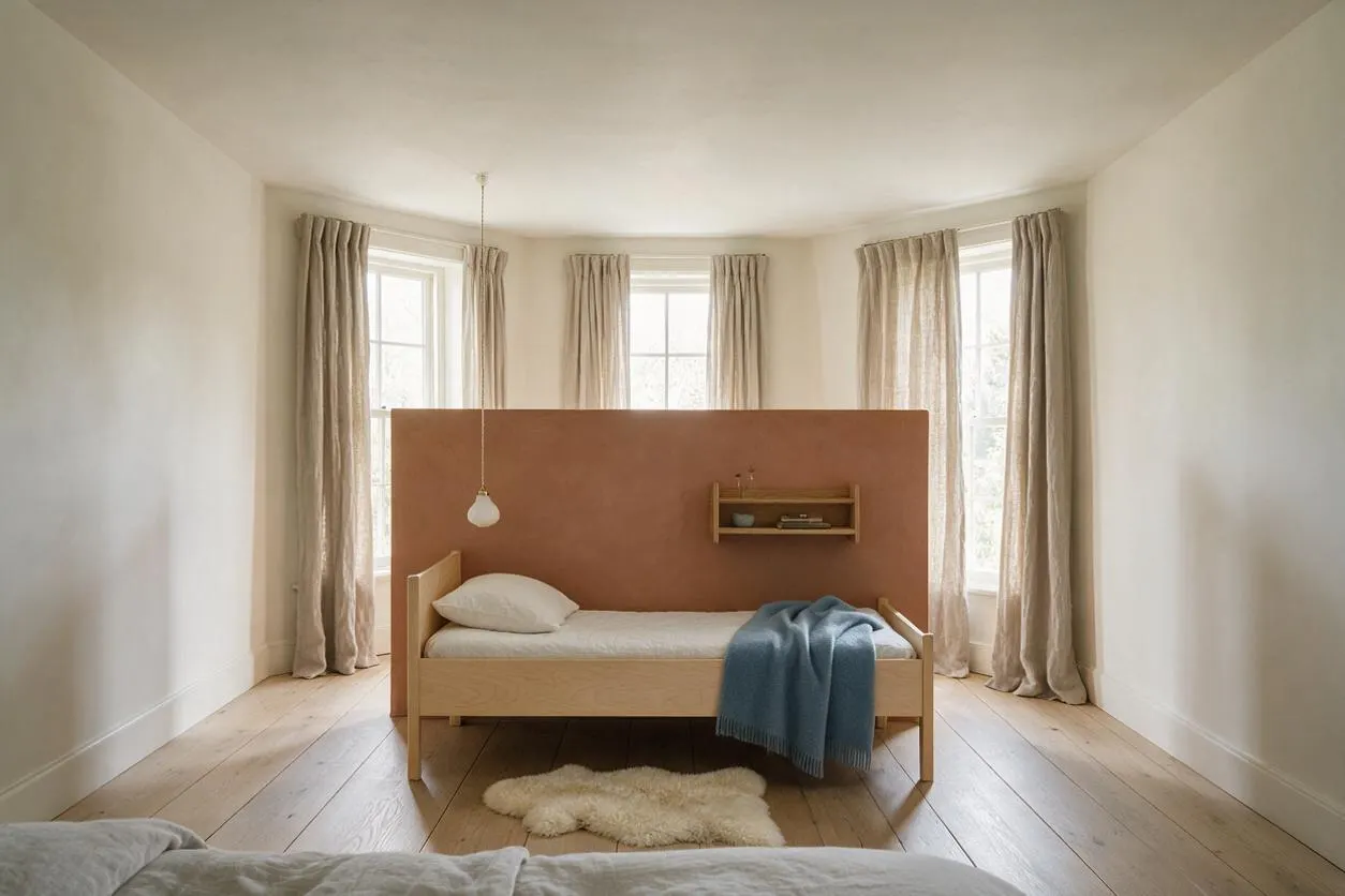 A bright Scandinavian-style sunroom with white walls, wide plank wood floors, and tall windows dressed in soft beige curtains. In the center sits a simple light wood bed with white bedding, a terracotta divider behind it, a small wall shelf, and a blue throw blanket adding a muted accent.