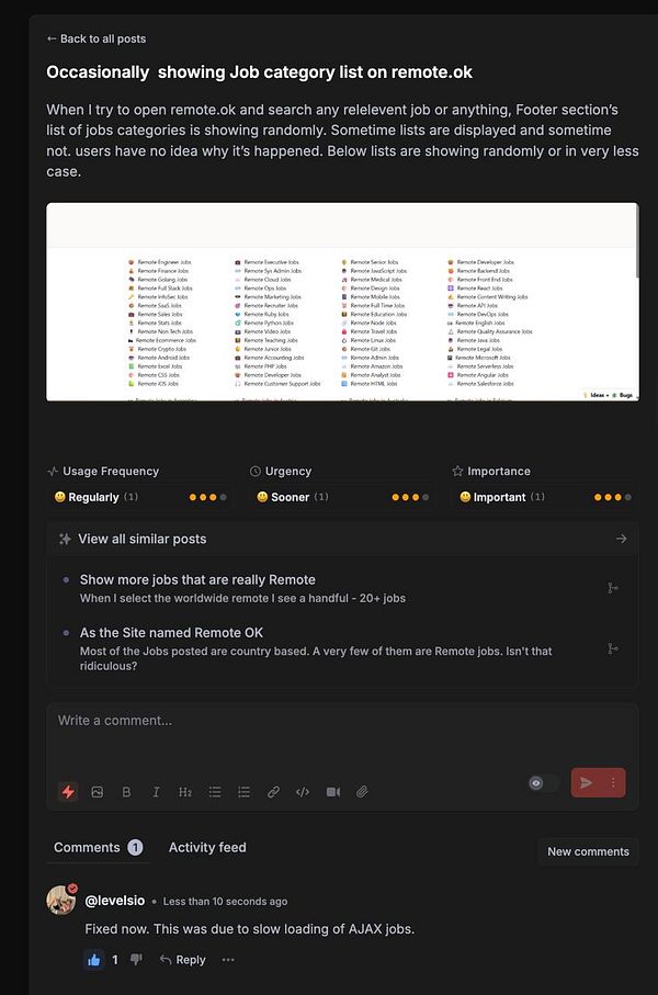The image displays a task discussion regarding issues with job category listings on the remote.ok website.