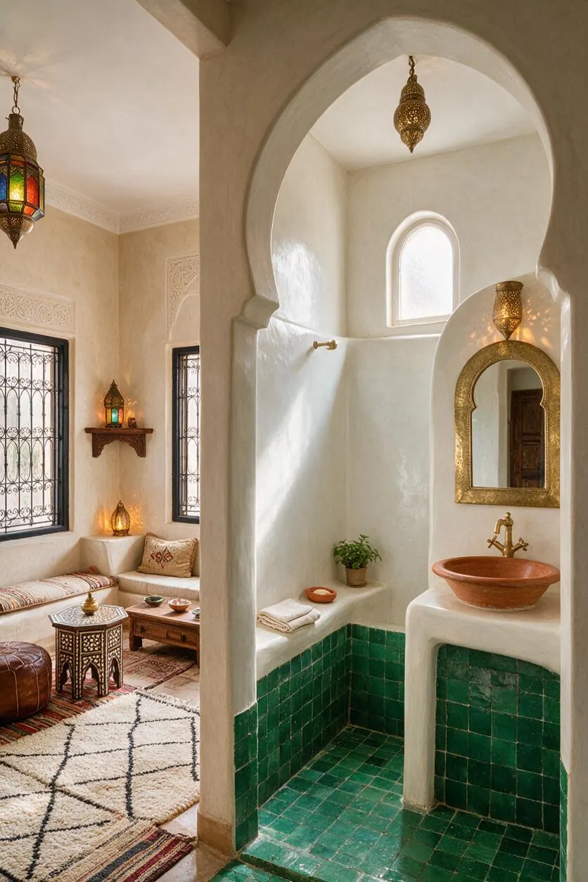 A Moroccan-style studio apartment with creamy plaster walls, carved arches, and colorful lanterns. The space combines a cozy seating nook with patterned textiles and a compact bathing area finished in glossy green tile, a terracotta sink, and a gold-framed mirror.