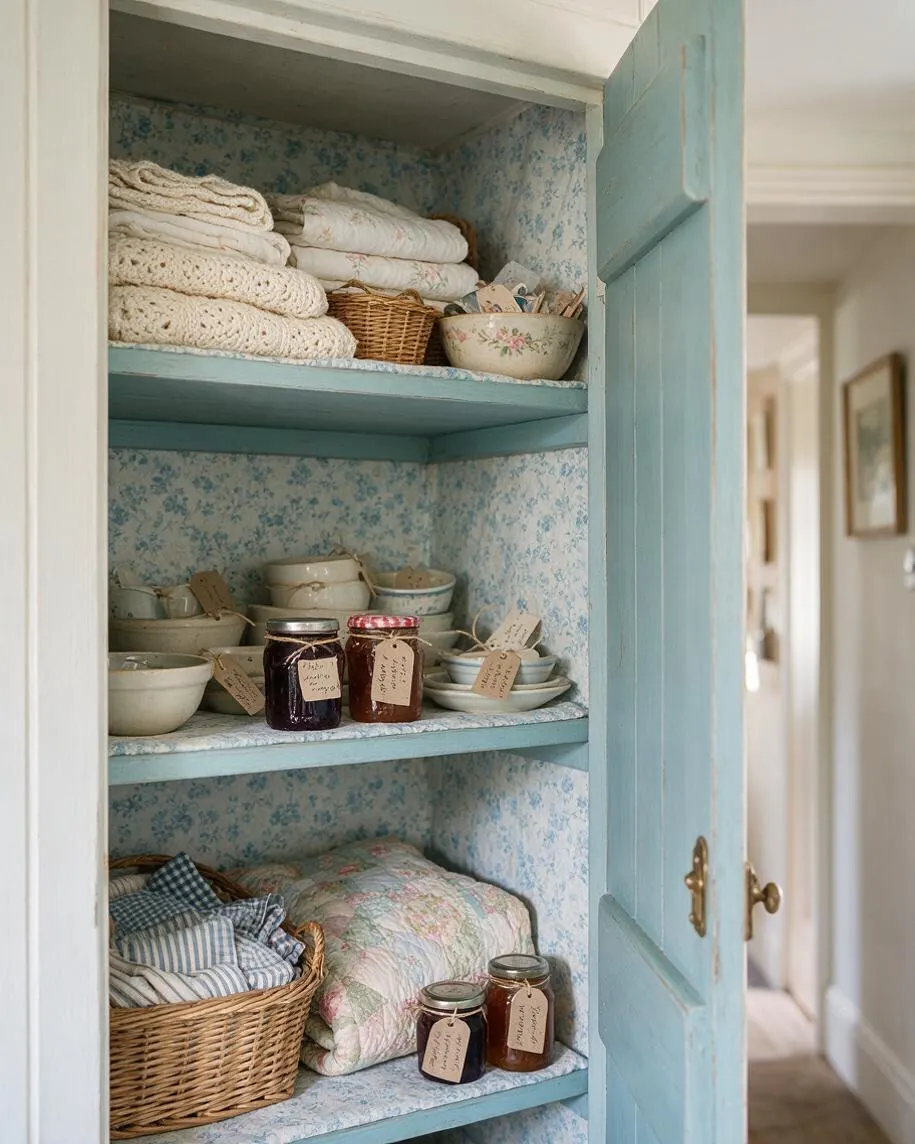 An open closet painted in soft pastel blue with floral wallpaper lining the back and sides of the shelves. The shelves hold folded quilts, wicker baskets, ceramic bowls and cups, and jars of preserves, creating a charming cottagecore storage display.