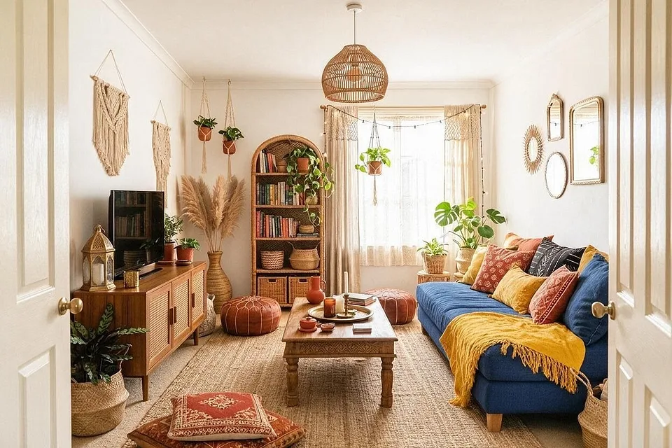 A Boho living room in the Indigo Market palette