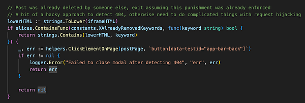 A code snippet addressing error handling in a moderation system.