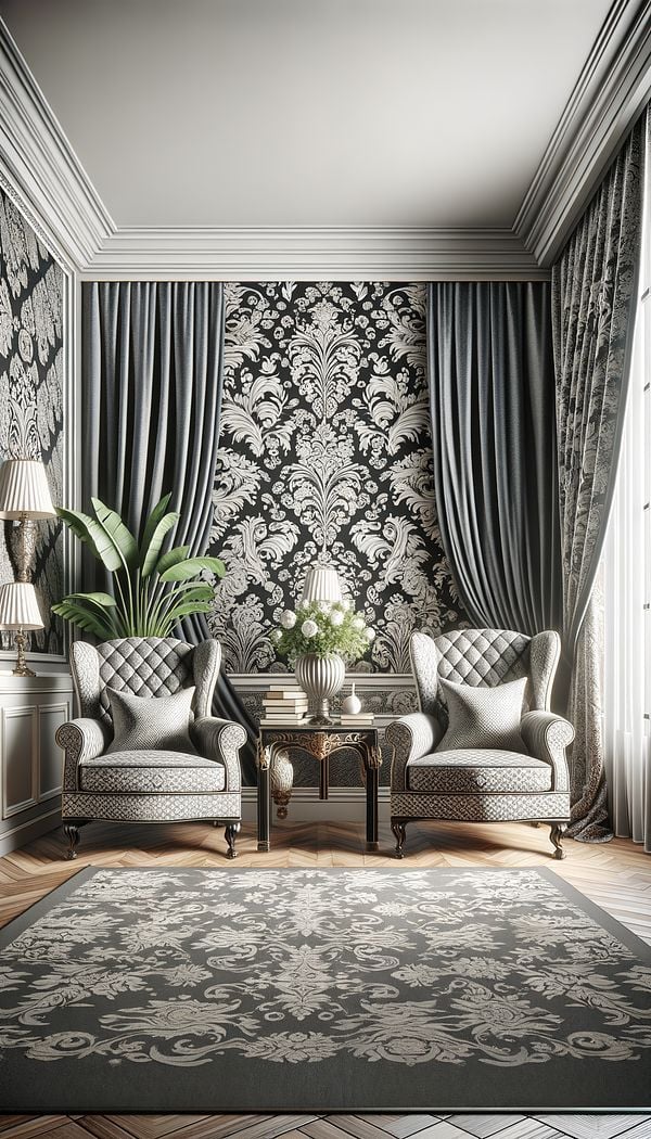 An elegant living room featuring damask curtains and upholstery on armchairs, showcasing the contrast between matte and sheen in the fabric's pattern.
