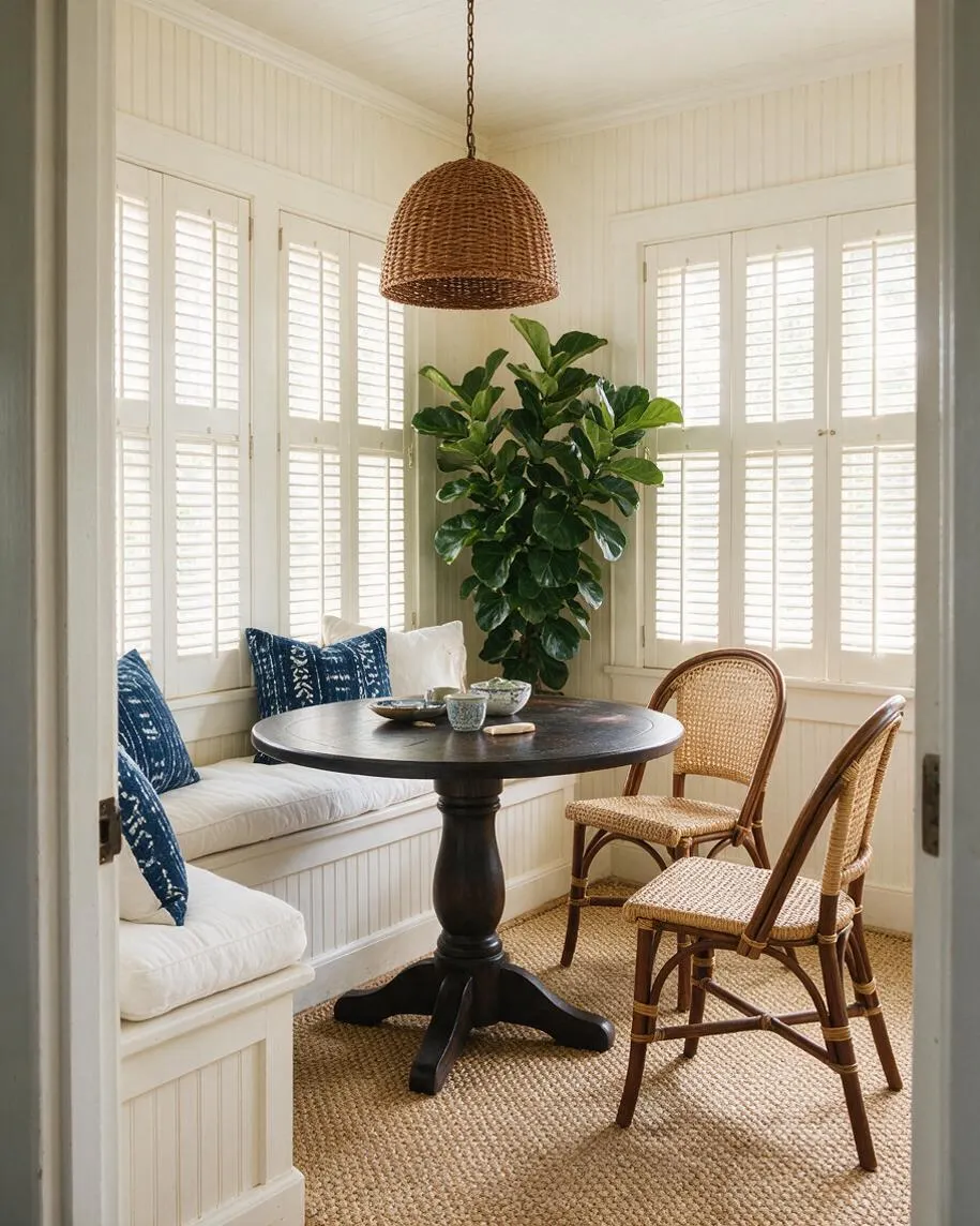 A bright tropical-style sunroom with white shuttered windows, a built-in bench with white cushions and blue patterned pillows, a dark round pedestal table, woven rattan chairs, a large leafy potted plant, and a wicker pendant light over a natural jute rug.