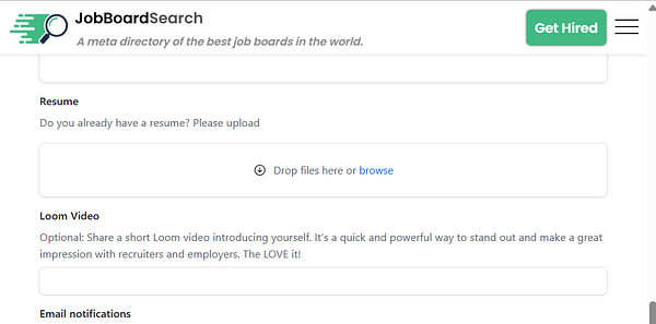 The image displays a job seekers form from JobBoardSearch, featuring sections for resume upload and Loom video introduction.