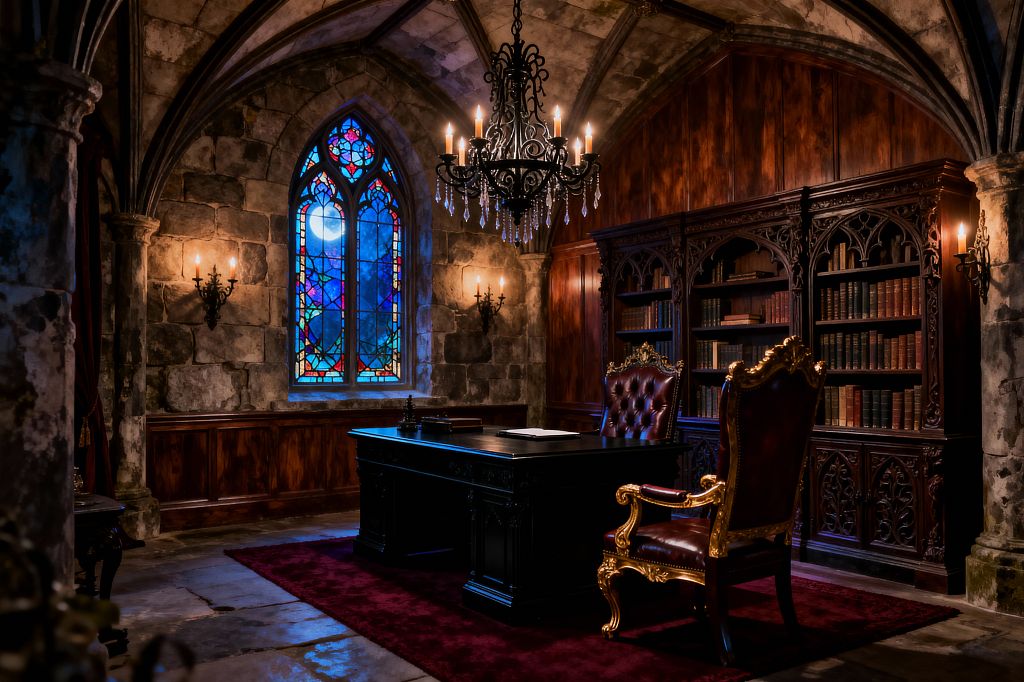 A moody Gothic home office set in a stone-vaulted room with a pointed stained-glass window casting blue and red light. A dark carved desk faces a wall of mahogany bookcases with tracery, while a tufted burgundy leather chair with gilded wood sits on a deep red rug; wrought-iron chandelier and candle sconces provide warm glow above flagstone floors and wood paneling.