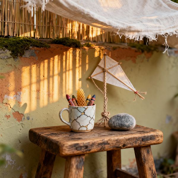 A small kids’ nook shows a weathered wooden stool used as a table. On it sit a crackle-glazed mug filled with crayons and a honeycomb-textured wax stick, a soft gray felted wool stone, and a handmade paper kite tied with jute twine. Behind, a pale green wall with terracotta patches catches golden light and the shadows of a bamboo screen, while a loose linen canopy drapes overhead, creating a quiet, natural scene.