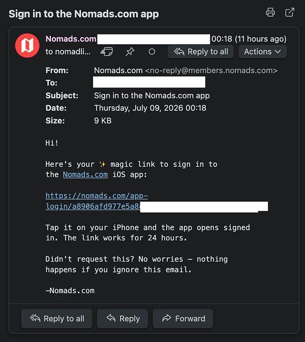Login screen of the Nomads iOS app showing email and password input fields and a login button.