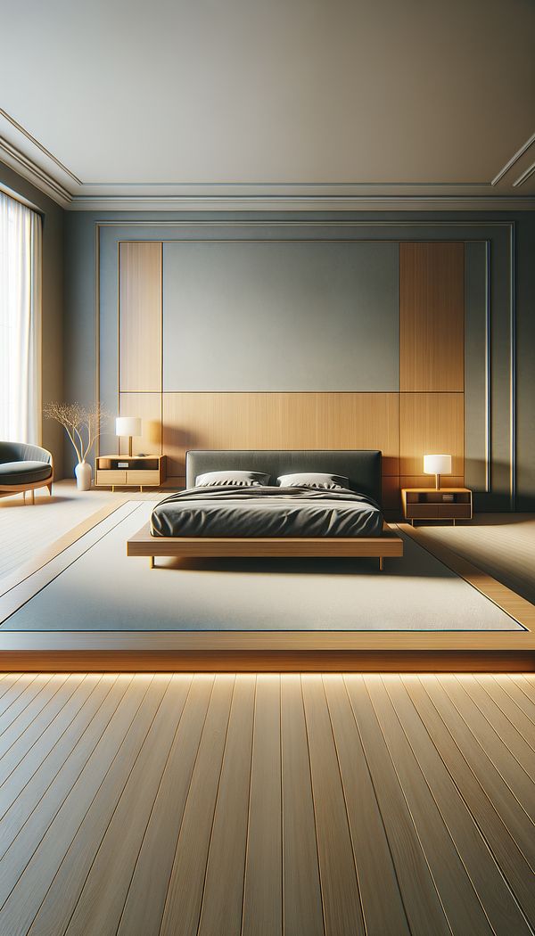 An elegantly furnished bedroom featuring a modern, wooden platform bed, showcasing its low profile and sleek design. The room exudes a minimalist aesthetic with a focus on simplicity and functionality.