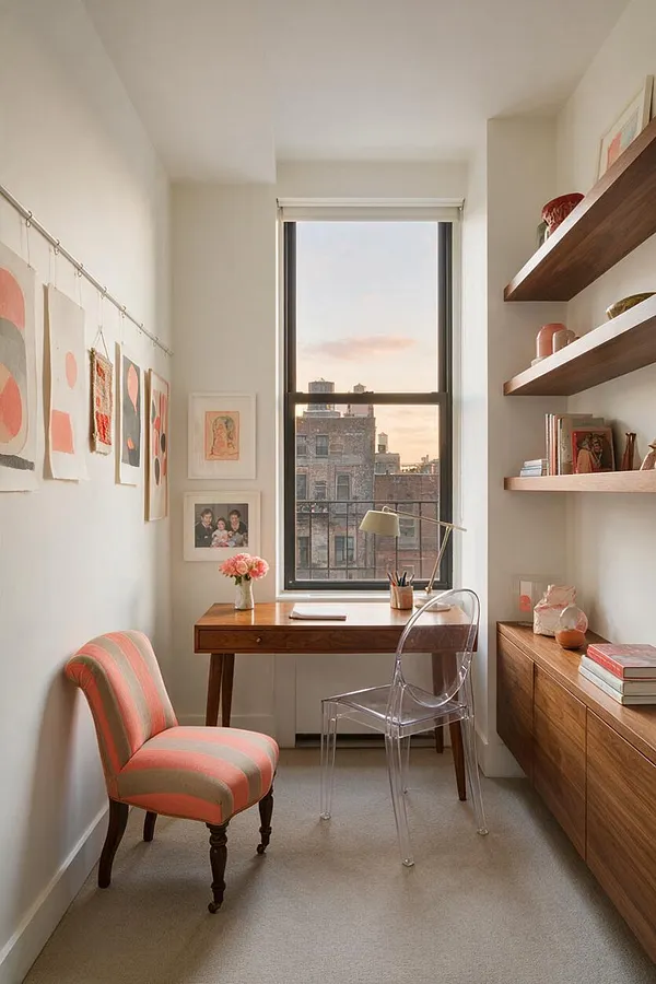 A narrow home office with a wooden desk centered beneath a tall window, a clear acrylic chair, and a coral-and-beige striped upholstered chair in the foreground. The left wall displays a hanging gallery of abstract art, while floating wood shelves and a matching side cabinet line the right wall, creating a warm eclectic workspace.
