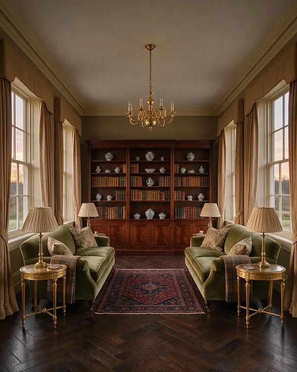 A traditional sunroom with tall windows on both sides, beige drapery, and a centered brass chandelier. Two green velvet sofas face each other across a small red patterned rug, while a dark wood built-in bookcase with books and porcelain displays anchors the back wall.