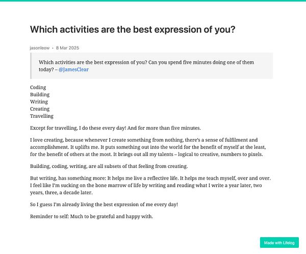 A reflective post discussing personal activities that express individuality.