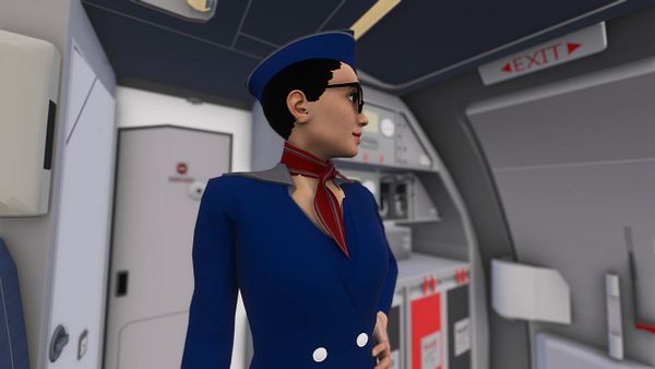 A flight attendant in a blue uniform stands inside an aircraft cabin.