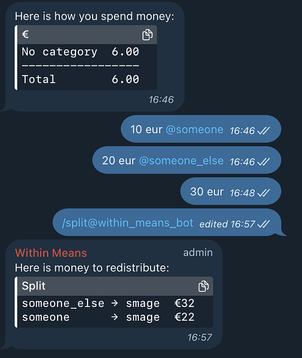 The image displays a chat interface showing a money spending breakdown and redistribution details.