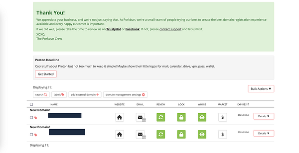 The image displays a domain registration interface from Porkbun, showing two newly registered domains.