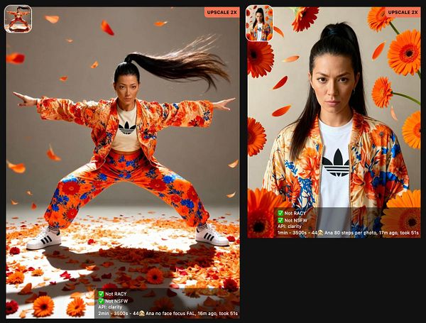 A dynamic fashion photo featuring a model in a vibrant floral outfit, striking a powerful pose amidst falling petals.