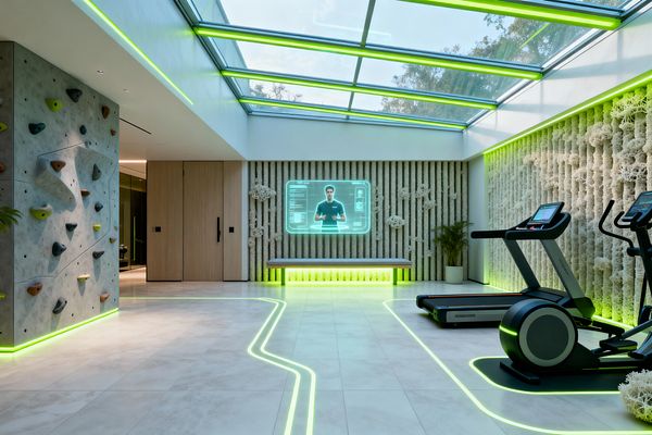 A futuristic home gym with a full-length glass skylight and lime-green LED strips tracing the ceiling, floor, and equipment bases. On the right are a treadmill and elliptical on black mats; on the left, a concrete climbing wall with multicolored holds. A ribbed wall with white preserved moss clusters features a floating bench with neon underglow and a hologram-style virtual trainer display. Pale porcelain tile flooring, light wood doors, and a potted plant complete the clean, high-tech space.