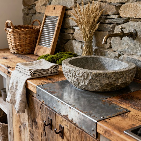 Close-up of a rustic laundry room countertop set against a stacked fieldstone wall. A hand-carved gray stone vessel sink sits on a reclaimed wood worktop protected by a riveted galvanized steel plate, with a wall-mounted antique brass faucet above. Beside it are folded natural linen towels, a woven wicker basket, a vintage wood-and-tin washboard leaning against the wall, and a jar of dried wheat; soft light highlights the weathered textures and earthy tones.