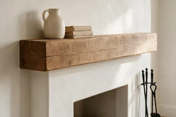 A farmhouse-style fireplace mantel made from a thick reclaimed wood beam sits against a white plaster wall. On top are a matte cream ceramic pitcher and a stack of folded neutral textiles, with black fireplace tools visible to the side.