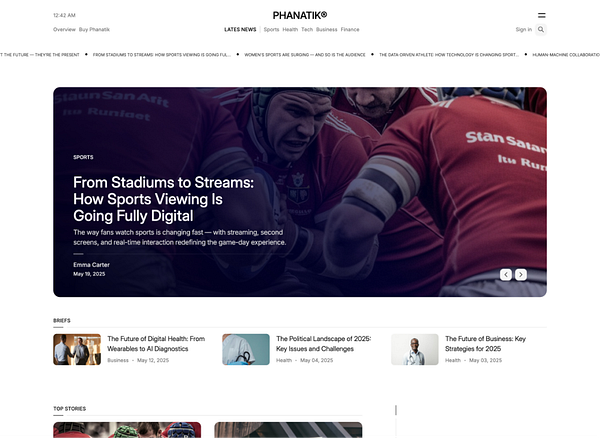 The image displays a digital news article from the Phanatik website focused on the evolution of sports viewing.