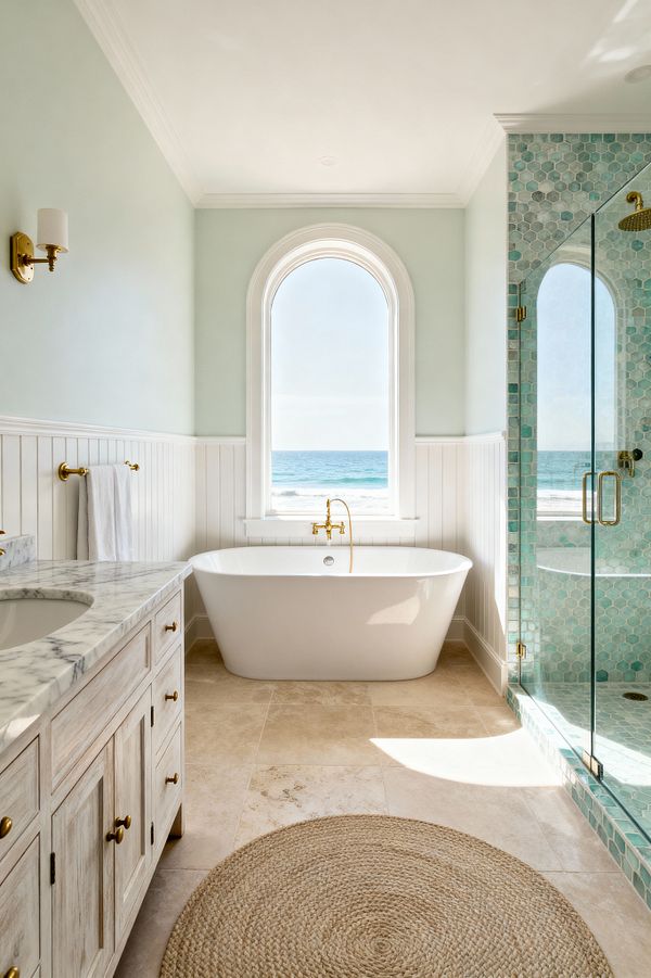 A coastal bathroom centers a freestanding white bathtub beneath an arched window with an ocean view. The lower walls are white beadboard, with pale seafoam paint above and crown molding. To the left sits a weathered light-wood vanity with a gray-veined white marble countertop and brass pulls. A brass towel bar and sconce match the tub filler. To the right, a glass shower features aqua hex mosaic tile and brass hardware. Beige stone tile flooring and a round jute rug warm the space.
