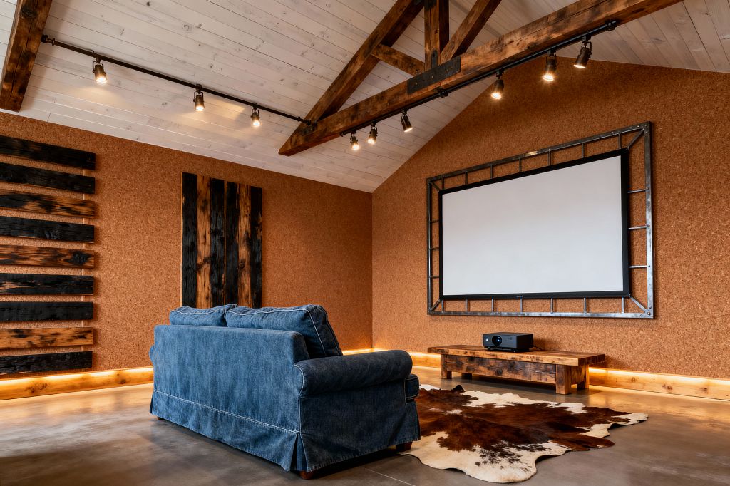 A rustic media room with a vaulted, whitewashed wood ceiling and exposed timber trusses illuminated by track spotlights. Cork-clad walls feature a large screen in a steel frame and charred wood panels; a denim slipcovered sofa faces a low reclaimed-wood console and projector on a polished concrete floor with a brown-and-white cowhide rug, while warm LED strips wash the baseboards.