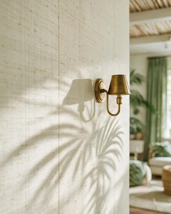 A close-up of a light beige textured wall covering with a small brass wall sconce mounted on it. Soft sunlight casts palm leaf shadows across the surface, with a blurred tropical-style room in the background.