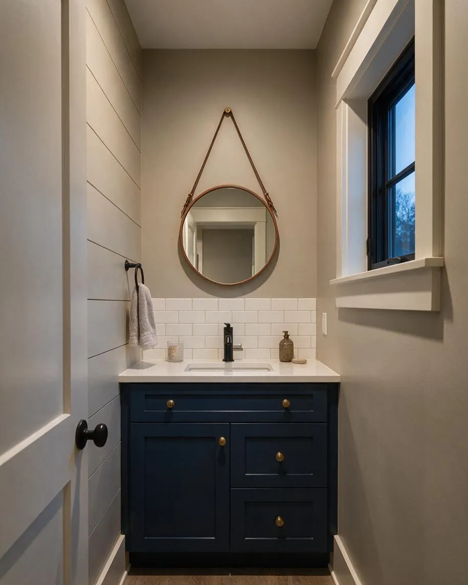 A narrow farmhouse powder room with warm beige walls, a navy blue vanity, white quartz countertop, and white subway tile backsplash. A round wood-framed mirror hangs above the sink, with brass hardware, a small window with dark trim, and a simple towel ring on the left wall.