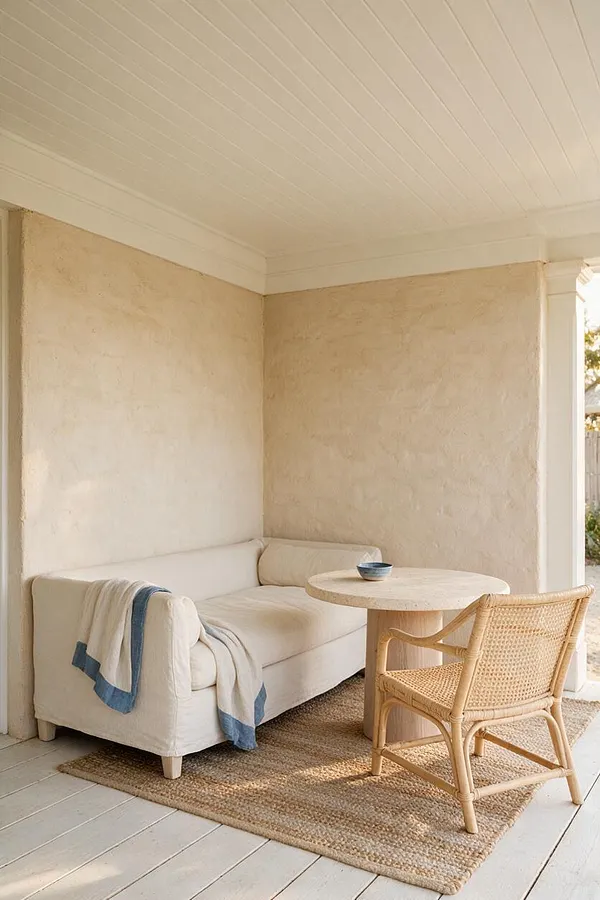 A covered front porch styled in coastal neutrals with a cream slipcovered sofa, a small round stone table, and a woven rattan chair on a natural jute rug. Textured beige stucco walls and a white beadboard ceiling create a calm, sun-washed atmosphere.