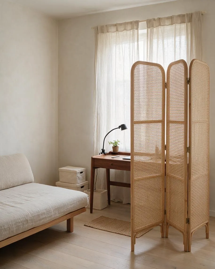 A calm Japandi-style home office with a simple wooden desk by a window dressed in sheer curtains. A three-panel rattan room divider stands in the foreground, with a light upholstered daybed on the left, soft neutral walls, and minimal decor including a desk lamp, small plant, and woven floor mat.