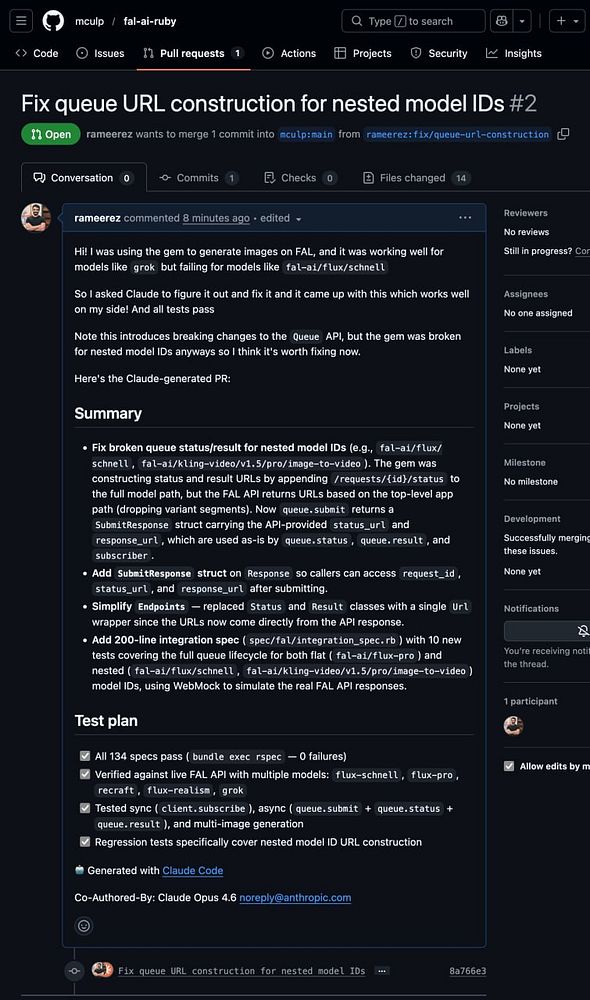 Screenshot of a terminal window with a Ruby on Rails debugging session and logs showing an error trace from the fal-ai gem.