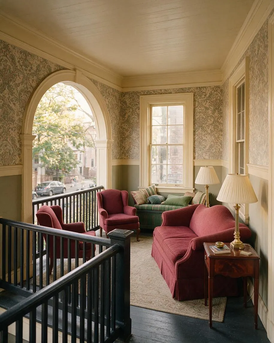 A traditional front porch with an arched opening, floral wallpaper, cream trim, and a dark wood floor. The space is furnished with burgundy upholstered chairs and a loveseat, a plaid green settee, brass table lamps, and a small wood side table, creating a cozy sitting area.