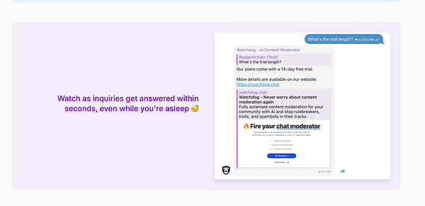 A screenshot of a chat interface showcasing the new Q&A feature of the Watchdog AI Content Moderator.